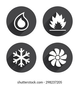 HVAC icons. Heating, ventilating and air conditioning symbols. Water supply. Climate control technology signs. Circles buttons with long flat shadow. Vector