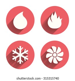 HVAC icons. Heating, ventilating and air conditioning symbols. Water supply. Climate control technology signs. Pink circles flat buttons with shadow. Vector