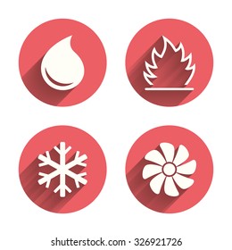 HVAC icons. Heating, ventilating and air conditioning symbols. Water supply. Climate control technology signs. Pink circles flat buttons with shadow. Vector