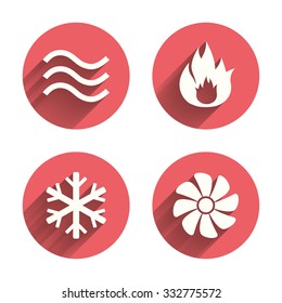 HVAC icons. Heating, ventilating and air conditioning symbols. Water supply. Climate control technology signs. Pink circles flat buttons with shadow. Vector