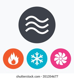 HVAC icons. Heating, ventilating and air conditioning symbols. Water supply. Climate control technology signs. Circle flat buttons with icon.