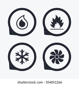 HVAC icons. Heating, ventilating and air conditioning symbols. Water supply. Climate control technology signs. Flat icon pointers.