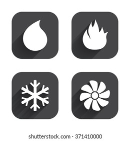 HVAC icons. Heating, ventilating and air conditioning symbols. Water supply. Climate control technology signs. Square flat buttons with long shadow.