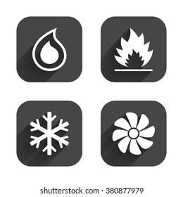 HVAC icons. Heating, ventilating and air conditioning symbols. Water supply. Climate control technology signs. Square flat buttons with long shadow.
