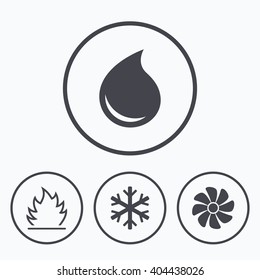 HVAC icons. Heating, ventilating and air conditioning symbols. Water supply. Climate control technology signs. Icons in circles.