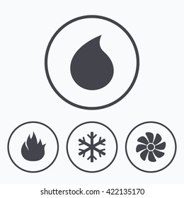 HVAC icons. Heating, ventilating and air conditioning symbols. Water supply. Climate control technology signs. Icons in circles.