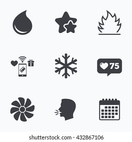 HVAC icons. Heating, ventilating and air conditioning symbols. Water supply. Climate control technology signs. Flat talking head, calendar icons. Stars, like counter icons. Vector