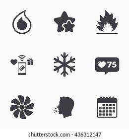 HVAC icons. Heating, ventilating and air conditioning symbols. Water supply. Climate control technology signs. Flat talking head, calendar icons. Stars, like counter icons. Vector