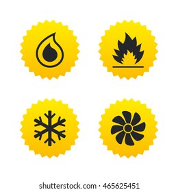 HVAC icons. Heating, ventilating and air conditioning symbols. Water supply. Climate control technology signs. Yellow stars labels with flat icons. Vector