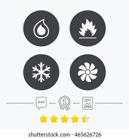 HVAC icons. Heating, ventilating and air conditioning symbols. Water supply. Climate control technology signs. Chat, award medal and report linear icons. Star vote ranking. Vector