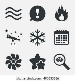 HVAC icons. Heating, ventilating and air conditioning symbols. Water supply. Climate control technology signs. Attention, investigate and stars icons. Telescope and calendar signs. Vector