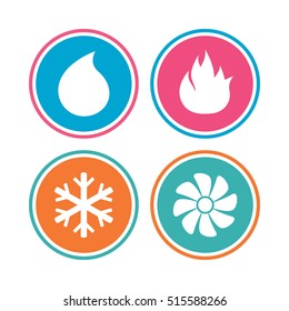 HVAC icons. Heating, ventilating and air conditioning symbols. Water supply. Climate control technology signs. Colored circle buttons. Vector