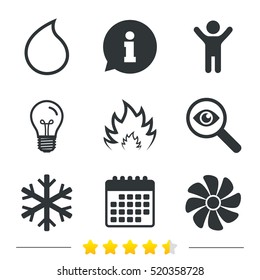 HVAC icons. Heating, ventilating and air conditioning symbols. Water supply. Climate control technology signs. Information, light bulb and calendar icons. Investigate magnifier. Vector