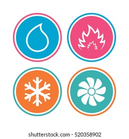 HVAC icons. Heating, ventilating and air conditioning symbols. Water supply. Climate control technology signs. Colored circle buttons. Vector
