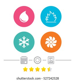 HVAC icons. Heating, ventilating and air conditioning symbols. Water supply. Climate control technology signs. Calendar, cogwheel and report linear icons. Star vote ranking. Vector