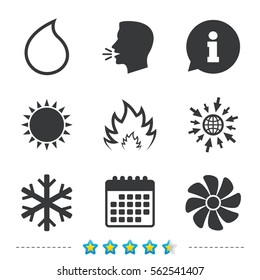 HVAC icons. Heating, ventilating and air conditioning symbols. Water supply. Climate control technology signs. Information, go to web and calendar icons. Sun and loud speak symbol. Vector
