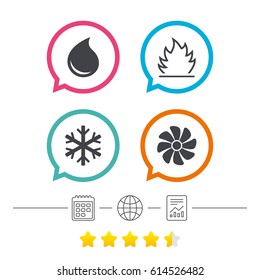 HVAC icons. Heating, ventilating and air conditioning symbols. Water supply. Climate control technology signs. Calendar, internet globe and report linear icons. Star vote ranking. Vector