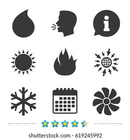 HVAC icons. Heating, ventilating and air conditioning symbols. Water supply. Climate control technology signs. Information, go to web and calendar icons. Sun and loud speak symbol. Vector