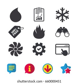 HVAC icons. Heating, ventilating and air conditioning symbols. Water supply. Climate control technology signs. Browser window, Report and Service signs. Binoculars, Information and Download icons