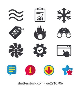 HVAC icons. Heating, ventilating and air conditioning symbols. Water supply. Climate control technology signs. Browser window, Report and Service signs. Binoculars, Information and Download icons