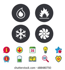 HVAC icons. Heating, ventilating and air conditioning symbols. Water supply. Climate control technology signs. Calendar, Information and Download signs. Stars, Award and Book icons. Vector
