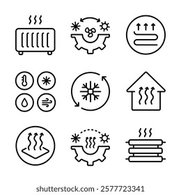 HVAC icons set. Commercial services. Heating and cooling system. Air conditioning. Isolated vector illustrations. Simple line icons for templates, web design, logo and infographics.