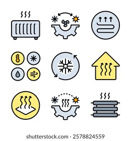 HVAC icons set. Commercial services. Heating and cooling system. Air conditioning. Isolated vector illustrations. Simple color icons for templates, web design, logo and infographics.