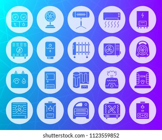 Hvac icons set. Sign kit of climatic equipment. Fan pictogram collection includes infrared heater, conditioner, ionizer. Simple hvac vector symbol. Icon shape carved from circle on colorful background