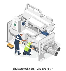 HVAC Industrial chiller Engineer and Technicians inspection and maintenance service team isometric illustration cartoon vector