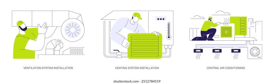 Conjunto de Ilustración vectorial de concepto abstracto de instalación de HVAC. Instalación de sistemas de ventilación y calefacción, aire acondicionado central, construcción comercial, metáfora abstracta del ingeniero de HVAC.