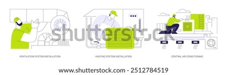 HVAC installation abstract concept vector illustration set. Ventilation and heating system installation, central air conditioning, commercial construction, HVAC engineer abstract metaphor.