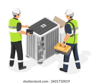 HVAC installation and maintenance engineer team Service at home Heating Ventilation and Air Conditioning isometric isolated cartoon 
