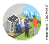 HVAC installation and maintenance Team house Service at home Heating Ventilation and Air Conditioning isometric isolated cartoon vector