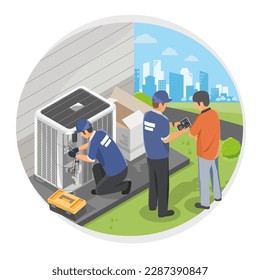 HVAC installation and maintenance Team house Service at home Heating Ventilation and Air Conditioning isometric isolated cartoon vector