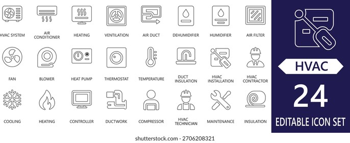 Conjunto de iconos de línea de HVAC con imágenes de calefacción, ventilación, refrigeración, flujo de aire, control de temperatura, eficiencia energética y mantenimiento del sistema climático.