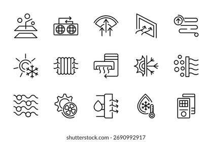 Conjunto de iconos de línea de HVAC. Calefacción, ventilación, aire acondicionado, control de temperatura, flujo de aire, termostatos, refrigeración, filtro de aire, control de clima, línea de calefacción conjunto de iconos. Paquete de iconos de línea delgada de interfaz de usuario.
