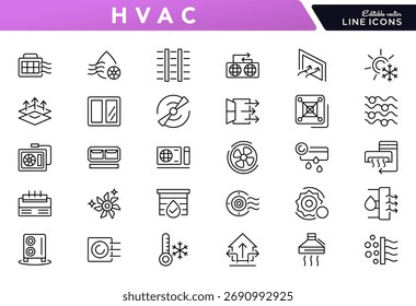 HVAC line icon set. Heating, ventilation, air conditioning, temperature control, airflow, thermostats, cooling, air cleaner, climate control, heating line icon set. UI thin line icon pack.