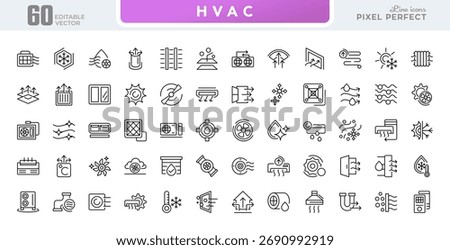HVAC line icon set. Heating, ventilation, air conditioning, temperature control, airflow, thermostats, cooling, air cleaner, climate control, heating line icon set. UI thin line icon pack.