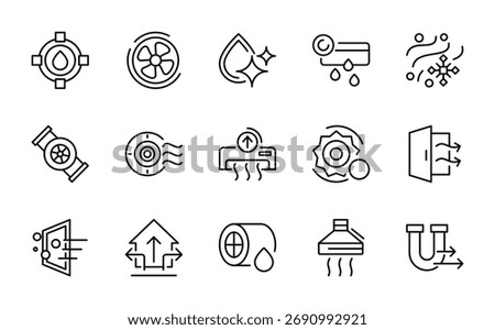 HVAC line icon set. Heating, ventilation, air conditioning, temperature control, airflow, thermostats, cooling, air cleaner, climate control, heating line icon set. UI thin line icon pack.