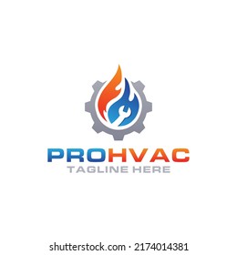 HVAC logo with settings or gear icon. appliances hvac icon or symbol. Air conditioning logo. Central heating design. Snowflake, fire, water symbol, and wrench icon