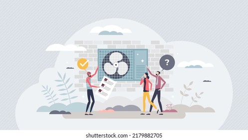 HVAC maintaining with filter replacement for AC fan tiny person concept. Home climate control maintenance, fix or repair for clean air blow and effective electricity consumption vector illustration.