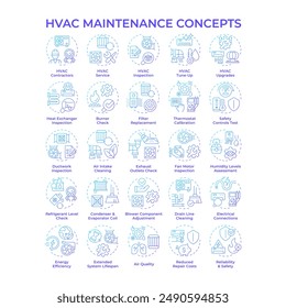 HVAC-Wartungssymbole mit blauem Gradientenkonzept. Heizung, Lüftung und Klimaanlage. Tuning- und Reparaturservices. Luftqualität. Symbolpaket. Vektorbilder. Runde Formabbildungen. Abstrakter Gedanke