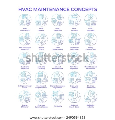 HVAC maintenance blue gradient concept icons. Heating, ventilation and air conditioning. Tune-up and repair services. Air quality. Icon pack. Vector images. Round shape illustrations. Abstract idea