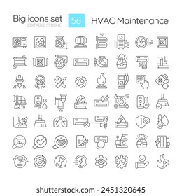 HVAC maintenance linear icons set. Commercial services. Heating and coolin system. Air conditioning. Customizable thin line symbols. Isolated vector outline illustrations. Editable stroke