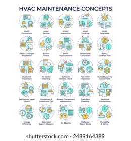 HVAC maintenance multi color concept icons. Heating, ventilation and air conditioning. Tune-up and repair services. Air quality. Icon pack. Vector images. Round shape illustrations. Abstract idea