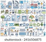 HVAC maintenance and ventilation, AC or heating system outline collection set. Labeled elements with air conditioning unit maintenance, checkup, installing, cleaning and fixing vector illustration.