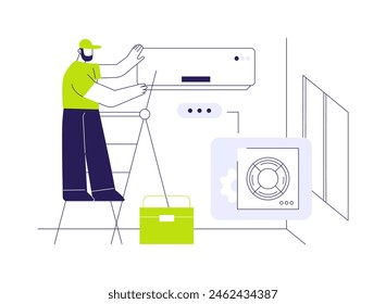 HVAC outdoor installation abstract concept vector illustration. Repairman installs HVAC system in private house, central heating and air conditioning, residential construction abstract metaphor.