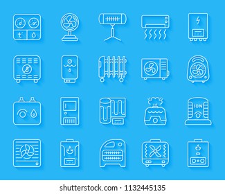 Hvac paper cut art line icons set. Sign kit of climatic equipment. Fan linear pictogram collection includes convector, oil heater, heat floor. Simple hvac vector icon shape. Material design symbol