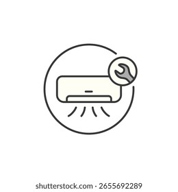 Ícone do modo de reparo da HVAC com unidade de parede e cobertura de chave inglesa; sinaliza serviço de diagnóstico, resolução de falhas e solução de problemas do sistema para soluções de ar interno confiáveis