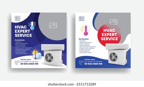 Serviços HVAC postagens de mídias sociais, banner, modelo de anúncios, Air Conditioner Repair Service design de publicidade promocional, manutenção de CA, instalação Serviço web design de banner